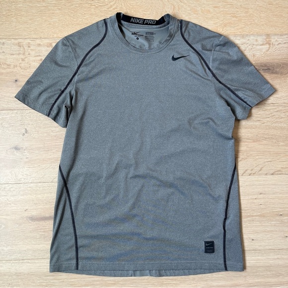 Nike pro dry fit fitted mens Sz L short sleeve top crew neck gray & black *U5 - Picture 1 of 3